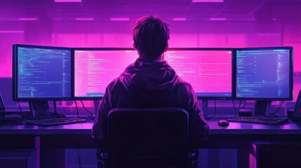 Futuristic Programmer Working at Dual Monitors in Neon Environment