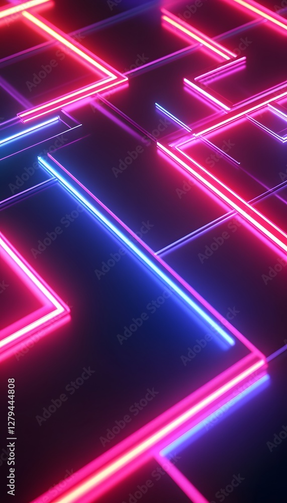 Poster glowing neon lights form geometric patterns and shapes on surface