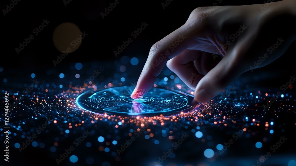 Poster human hand touching glowing digital circle with blue and red particles effect, creating futuristic i