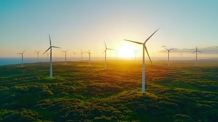 Wind sunset, aerial view of sustainable renewable energy farm generating clean electricity in rural landscape.