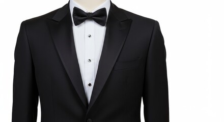 A mannequin dressed in a classic black tuxedo, presented against a plain white background.