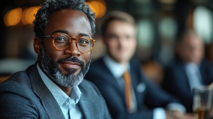 Fototapeta premium A Smiling Businessman Wearing Glasses in a Business Meeting