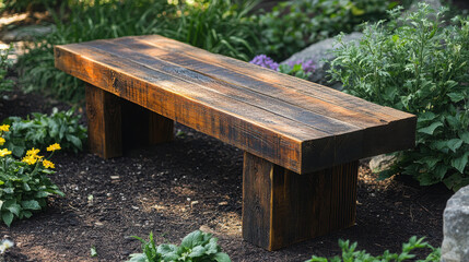 Fototapeta premium Garden bench from reclaimed wood, simple and sturdy design.