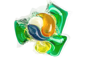 Laundry capsule detergent pods for washing clothes isolated on white background. Top view