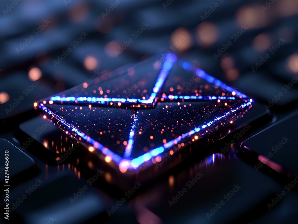 Poster glowing envelope icon on computer keyboard with sparkles and neon blue light effect against dark bac