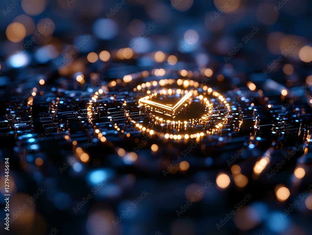 Poster glowing spiral pattern with golden bokeh lights on dark background creates magical atmosphere. macro