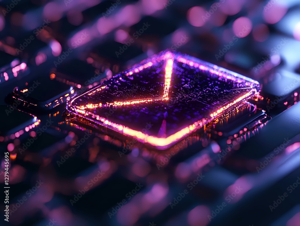 Poster glowing microchip with neon purple and orange light effects on dark background, close-up view of ele