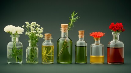Essential Oils and Herbs in Glass Bottles on Dark Background