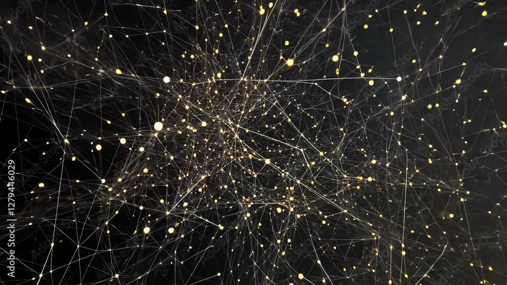 Poster complex network of interconnected lines and dots with golden accents on a black background