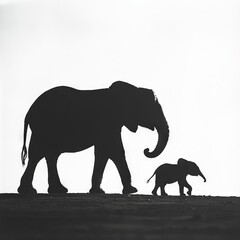 Fototapeta premium Elephant mother and calf walking together in silhouette against white sky.