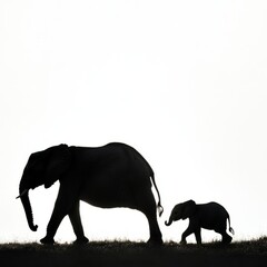 Fototapeta premium Elephant Family Silhouette: Mother and calf walking in the African savanna