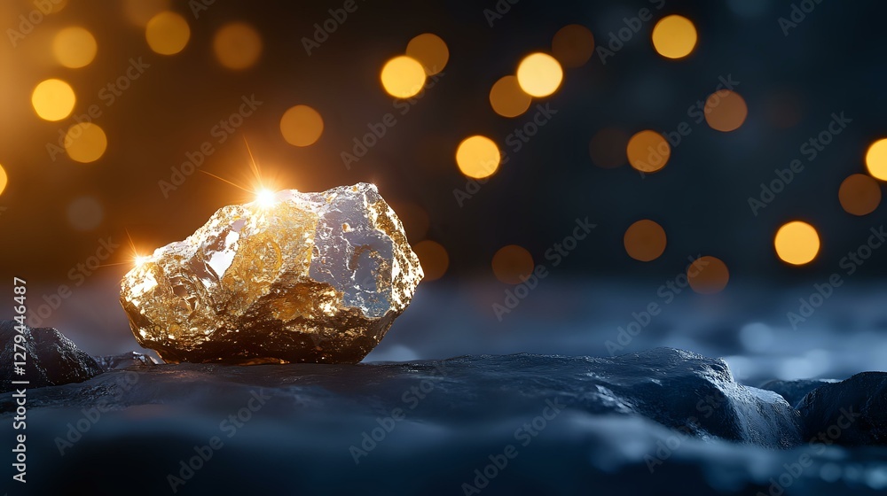 Poster raw golden nugget glowing on dark textured surface with magical bokeh lights in background, creating