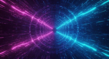 Neon Glow Tunnel Art - A vibrant tunnel, glowing with neon blue and purple light on a . Symbolizes technology, speed, journey, innovation, and the future