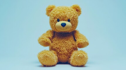 Obraz premium Adorable plush teddy bear sitting against a soft blue background, evoking warmth and nostalgia