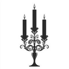 Ornate candelabra with three lit candles in silhouette against white background