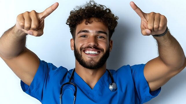 Young Hispanic male medical professional in blue scrubs showing thumbs up with enthusiastic smile and stethoscope, expressing positivity against light background.