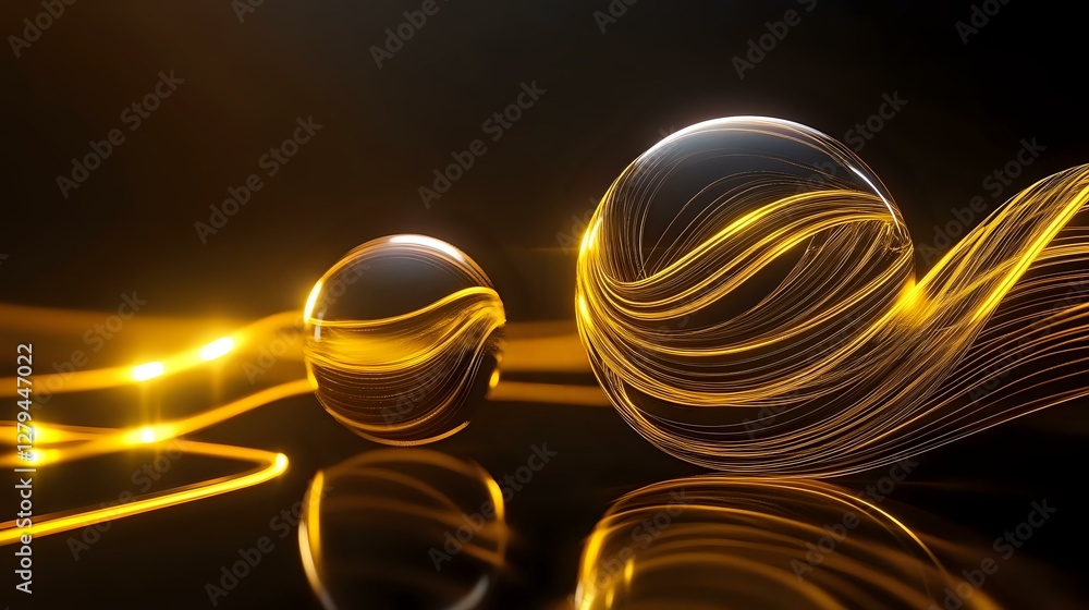 Poster glowing golden light trails wrap around transparent spheres on reflective black surface, creating fu