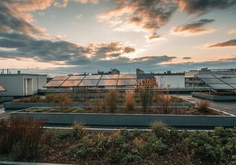 Obraz premium Sustainable urban rooftop garden with solar panels at sunset