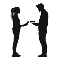 Naklejka premium Silhouette of a gift exchange between a man and a woman on a white background