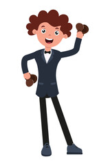 Cheerful character in tuxedo lifting dumbbells for a fun fitness moment