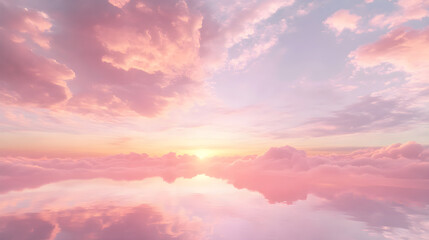 Ethereal Pink Horizon: Dreamy Skyscape Reflecting Pastel Clouds and Tranquil Waters at Sunset
