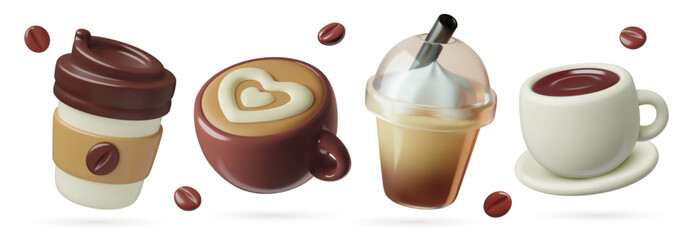 Coffee cups 3d vector icons set. Plastic and paper take away cups and ceramic mugs with cappuccino and black coffee.