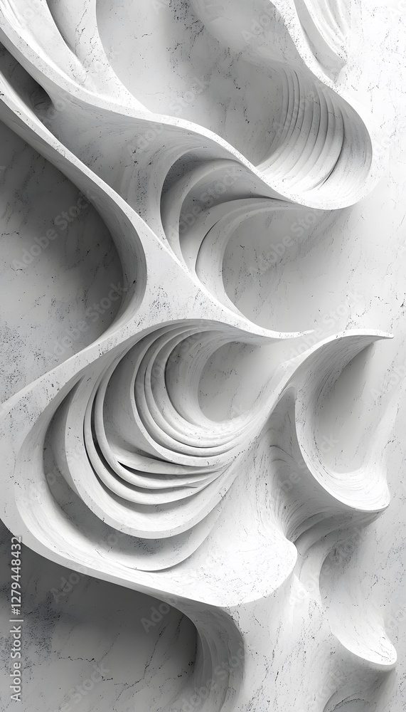 Poster architectural white flowing forms with textured surface details displayed