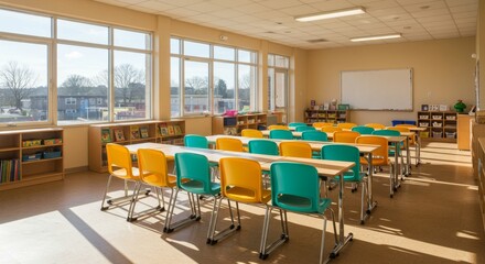 Sunny Classroom with Colorful Desks and Bookshelves - Bright classroom interior, colorful desks, bookshelves, large windows, sunlight streaming in. Symbolizes learning, growth, education, opportunity