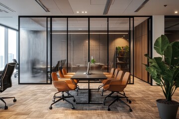 Fototapeta premium Luxury coworking office, minimalist. AI generated illustration.