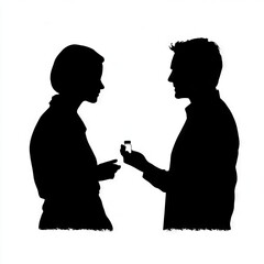 Silhouette of two individuals exchanging a small vial in a white space.