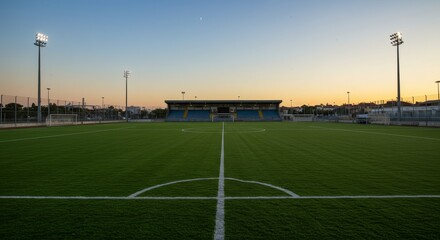 Soccer Field at Sunset - A tranquil view of an empty soccer field at sunset. The grass is neatly manicured, and the stadium stands in the background