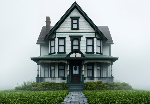 Foggy Victorian House with Green Trim and Wreath