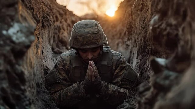 Soldier in combat trench praying at dawn during military operation