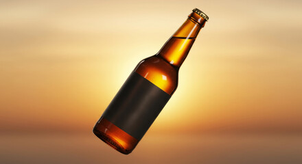 Amber Beer Bottle Mockup Sunset - A 3D amber beer bottle with a blank black label floats elegantly against a warm sunset backdrop. Symbolizing refreshment, relaxation, summer, golden hour