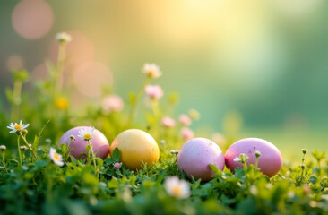 Fototapeta premium Easter eggs hidden in green grass with flowers, springtime festive atmosphere