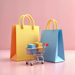 Colorful Shopping Bags and Mini Cart on Pastel Background