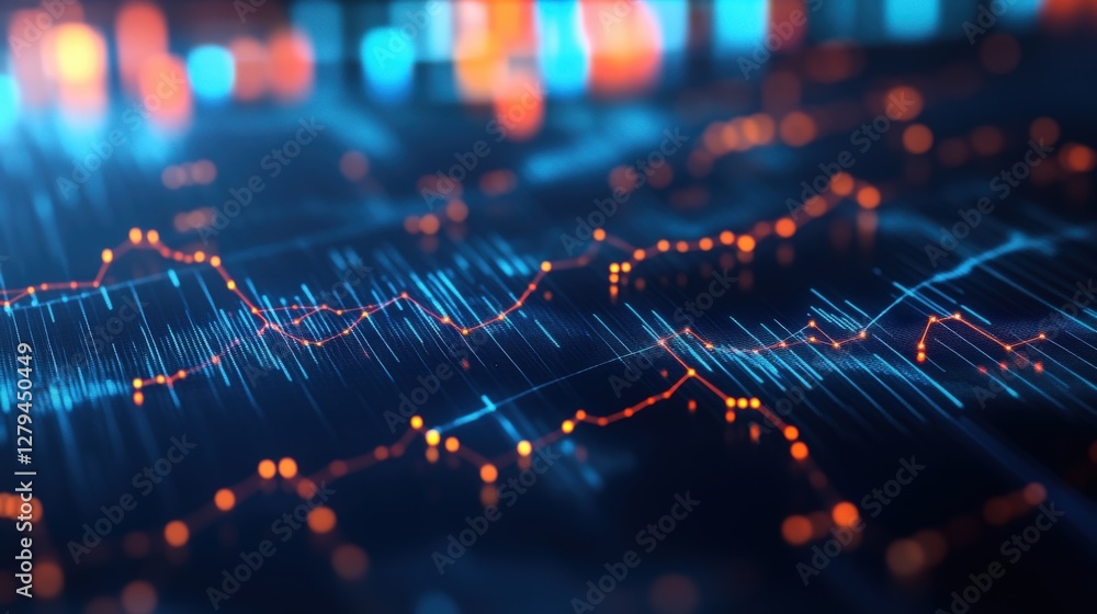 Poster abstract visualization of data trends with vibrant colors and glowing lines in a digital environment