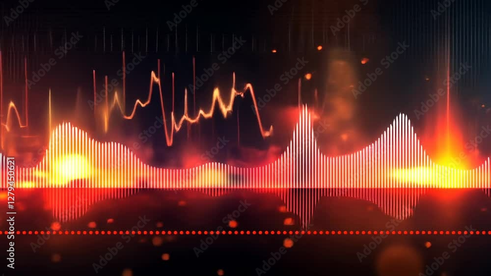 Poster dynamic equalizer bars visualizing audio frequencies with fiery glow, for music
