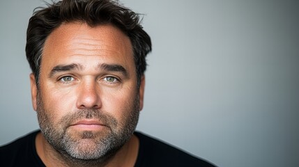 Fototapeta premium Portrait of a man with dark hair and a beard. He has a serious expression on his face.