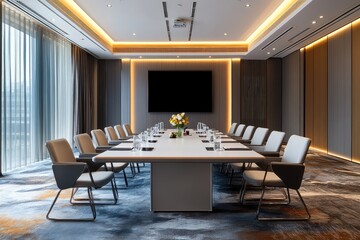 Fototapeta premium Luxury meeting room with daylight. AI generated illustration.