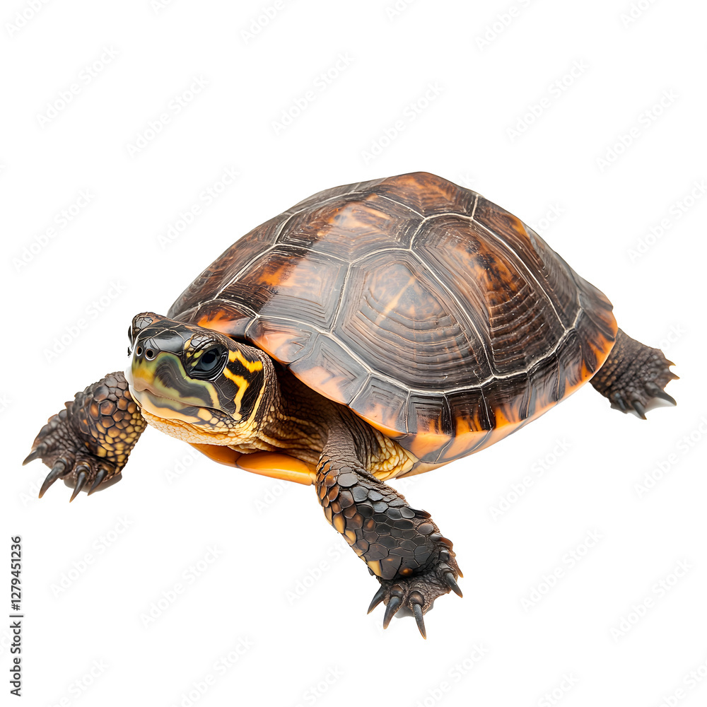 Poster detailed view of a turtle with an intricately patterned shell, isolated against a plain dark backgro