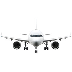 Front view of a white passenger airplane with two engines isolated on a black studio backdrop.
