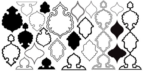 Mashrabiya collection.Arabic window and islamic doors frame shape set. Oriental architecture elements.