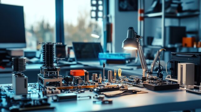 Circuit Board Components and Desk Lamp in Tech Lab