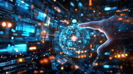 Futuristic hand reaching towards a glowing digital sphere amidst a vibrant data stream background
