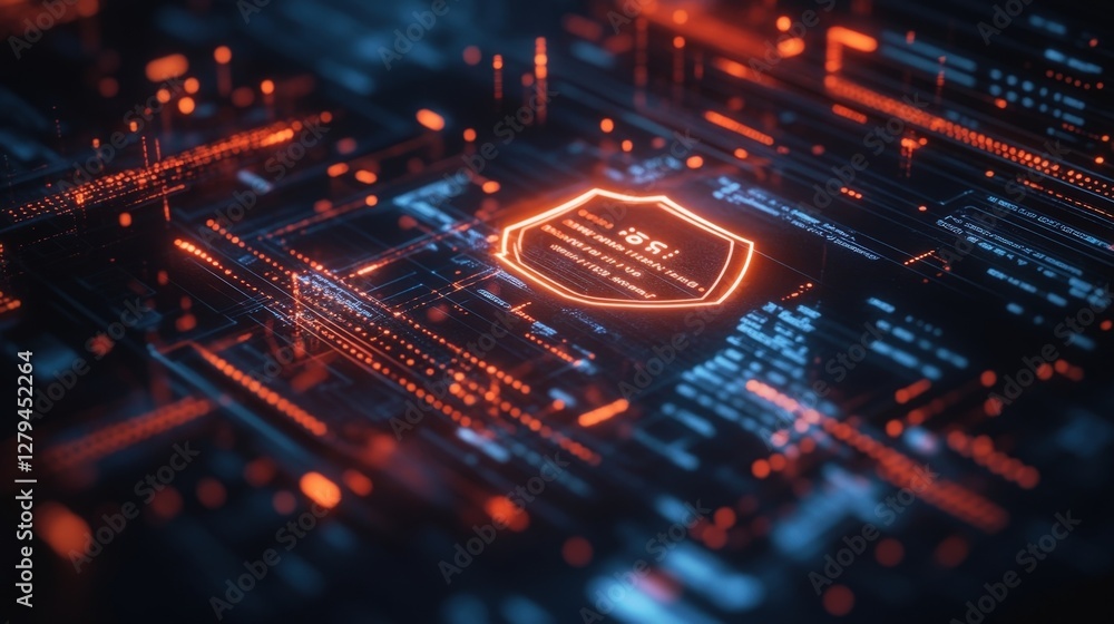 Poster futuristic digital interface featuring a glowing security shield, representing strong cyber protecti