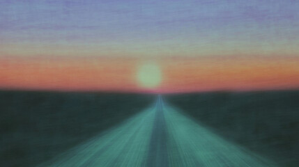 Dreamy abstract sunset with vibrant colors over an endless road