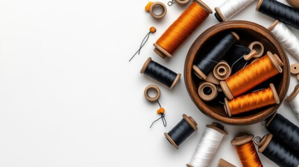 Wooden bowl with assorted spools of thread and buttons neatly arranged, showcasing sewing supplies on a white backdrop