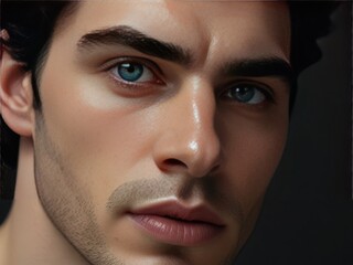 Close-up portrait of a strikingly handsome man with piercing blue eyes