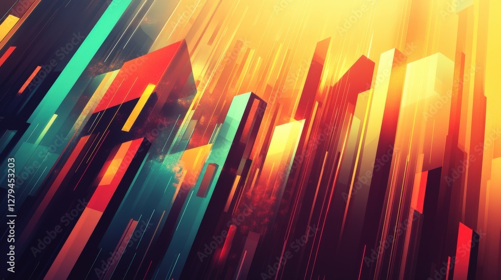 Poster abstract cityscape with vibrant colors and dynamic lines, creating a futuristic atmosphere